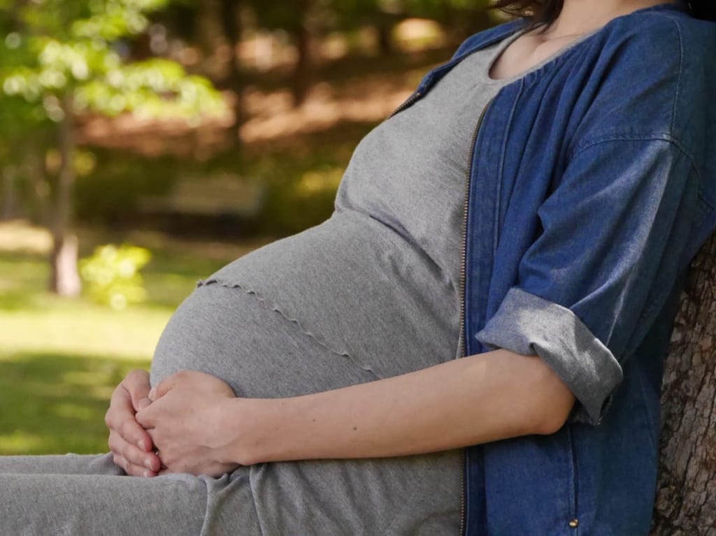 大きなおなかを抱えて木にもたれかかる妊婦さん