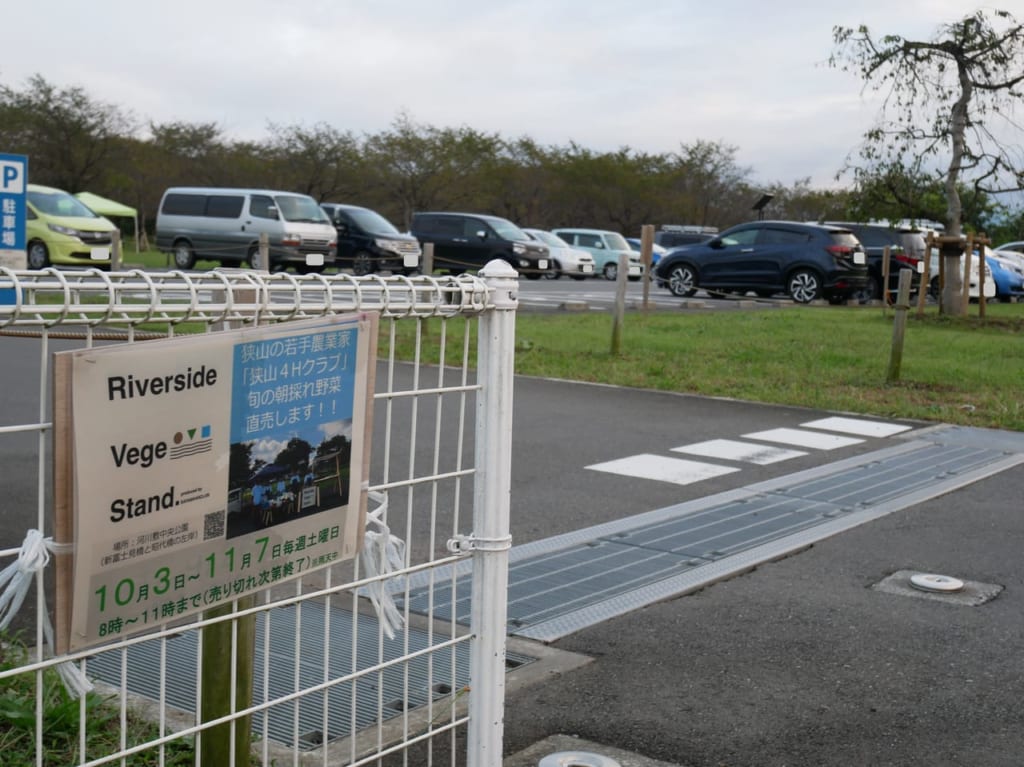 リバーサイドベジスタンドの看板と河川敷中央公園の駐車場